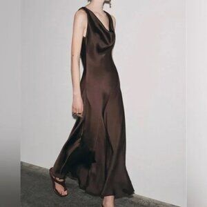 Zara Satin Effect Maxi Dress-Chocolate Brown M